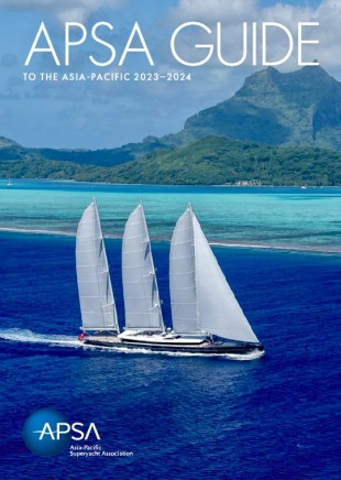 A white sailboat with three sails sails on bright blue water near a lush, mountainous island. The text reads APSA GUIDE to the Asia-Pacific 2023–2024 with the APSA logo at the bottom left.