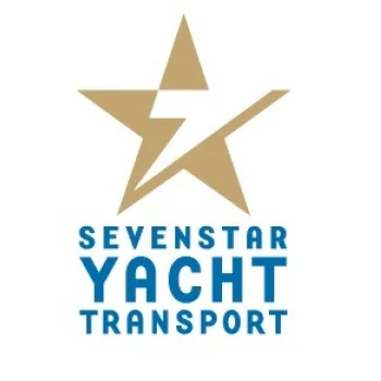 Logo for Sevenstar Yacht Transport featuring a stylised gold star with a white lightning bolt through it above the company name in bold blue text.