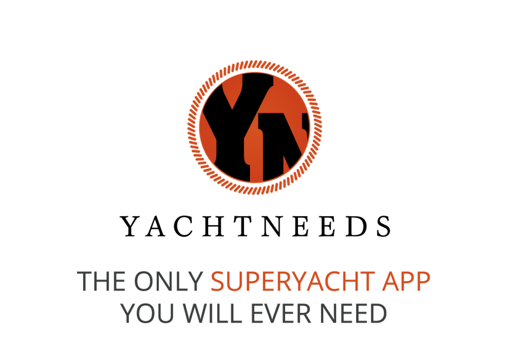 Logo for YACHTNEEDS featuring a circular emblem with YN inside, and the tagline The only superyacht app you will ever need written below in black and orange text.