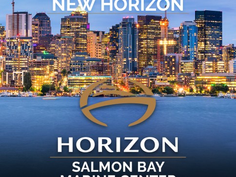 Skyline of a brightly lit city at dusk, viewed across a body of water, with the words “NEW HORIZON,” a gold logo, and “HORIZON SALMON BAY MARINE CENTRE” overlaid on the image.