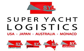 Logo for Super Yacht Logistics featuring a red and grey SYL emblem above the company name. Below are locations: USA, Japan, Australia, and Monaco, each with a matching SYL logo and relevant graphic or text.