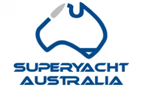 Blue outline of Australia shaped like a yacht with a stylised sail at the top left. Below, bold blue text reads SUPERYACHT AUSTRALIA in a modern, geometric font.