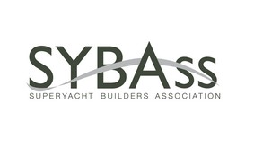 Logo of the Superyacht Builders Association featuring the acronym SYBAss in large letters with a curved line arching over the A; the full name is written underneath in smaller text.
