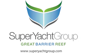 Logo for SuperYacht Group Great Barrier Reef, featuring a stylised blue and green icon above the company name and website www.superyachtgroup.com.