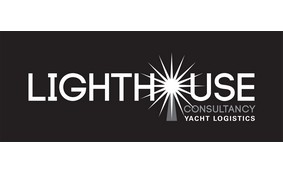 Logo for Lighthouse Consultancy Yacht Logistics on a black background. The O in Lighthouse is depicted as a glowing lighthouse beam radiating outwards.