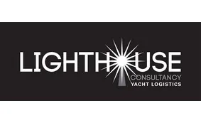 Logo for Lighthouse Consultancy Yacht Logistics on a black background. The O in Lighthouse is depicted as a glowing lighthouse beam radiating outwards.