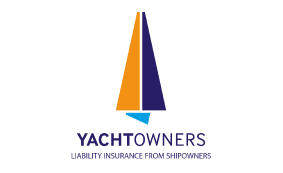 Logo featuring a stylised sailboat with orange, dark blue, and light blue sails above the words YachtOwners and the tagline Liability Insurance from Shipowners in capital letters.