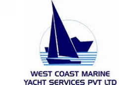 Logo of West Coast Marine Yacht Services Pvt Ltd, featuring a blue sailboat and a yacht inside a circle above blue wavy lines, with the company name written below in bold capital letters.