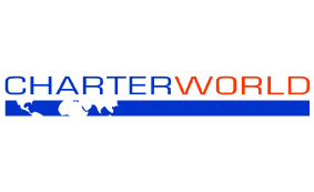 Logo with the word CHARTERWORLD; CHARTER in blue and WORLD in red, above a blue silhouette of a yacht or boat. The background is white.