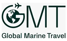 Logo for Global Marine Travel. The “G” in GMT is styled as a globe with North and South America visible, a small aeroplane above it, and the words Global Marine Travel beneath GMT.