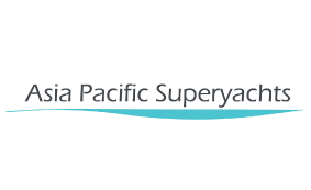 Logo for Asia Pacific Superyachts featuring the company name in grey text above a wavy turquoise line, suggesting a nautical or maritime theme. The background is white.