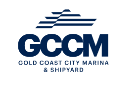 Logo for Gold Coast City Marina & Shipyard (GCCM) featuring bold navy blue text GCCM with stylised horizontal lines above, resembling a boat or waves, and the full name written below in smaller text.