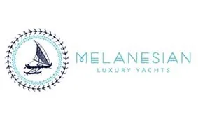 Logo for Melanesian Luxury Yachts featuring a stylised sailboat inside a circular dotted and leafy border, with the brand name in light blue uppercase letters to the right.
