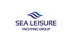 Logo for Sea Leisure Yachting Group. It features stylised blue waves above the company name written in bold uppercase letters on a white background.