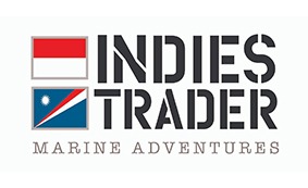 Logo for Indies Trader Marine Adventures featuring two flags: the top flag is red over white, and the bottom flag is blue with a red diagonal stripe, a white stripe, and a white circle.