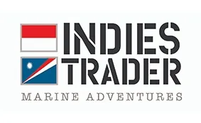 Logo for Indies Trader Marine Adventures featuring two flags: the top flag is red over white, and the bottom flag is blue with a red diagonal stripe, a white stripe, and a white circle.