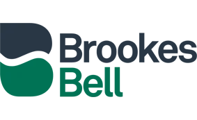 Brookes Bell logo featuring a stylised design with dark blue and green shapes on the left, and the text Brookes Bell in bold, with Brookes in dark blue and Bell in green on the right.