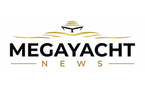 Logo for Megayacht News featuring a stylised gold yacht above the brand name in bold black letters, with “NEWS” in smaller gold letters below MEGAYACHT.