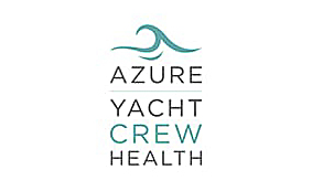 Logo for Azure Yacht Crew Health with a stylised blue wave above the text. The words AZURE, YACHT, CREW, and HEALTH are stacked, with CREW highlighted in blue.