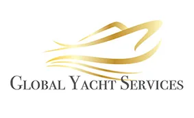 A gold, stylised outline of a yacht with the words “Global Yacht Services” written in bold, black capital letters below the image.