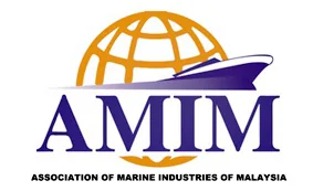 Logo of the Association of Marine Industries of Malaysia, featuring a stylised globe in orange, a navy blue ship silhouette, and the acronym AMIM in large purple letters below the ship.