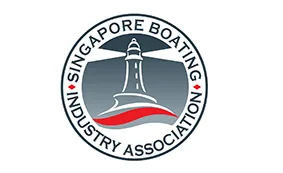 Logo of the Singapore Boating Industry Association featuring a white lighthouse on a grey background, with a red wave below, all enclosed in a circular border with the association's name.