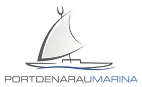 Logo for Port Denarau Marina featuring a stylised sailboat with a curved sail above blue waves. The text PORT DENARAU MARINA appears below the image, with MARINA highlighted in blue.