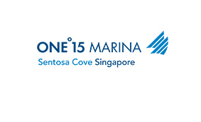 Logo for ONE°15 Marina Sentosa Cove Singapore, featuring the name in blue text with a stylised, blue triangular graphic on the right.