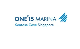 Logo for ONE°15 Marina Sentosa Cove Singapore, featuring the name in blue text with a stylised, blue triangular graphic on the right.