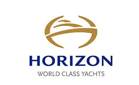 Logo with a stylised gold yacht above the word HORIZON in bold blue letters, and the tagline WORLD CLASS YACHTS in smaller grey letters below.