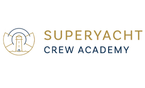 Logo for Superyacht Crew Academy featuring a minimalist lighthouse inside a circular design on the left, with the words SUPERYACHT CREW ACADEMY in gold and navy blue text to the right.