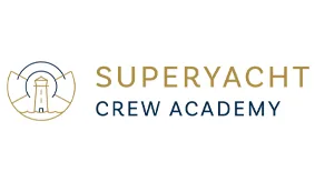 Logo for Superyacht Crew Academy featuring a minimalist lighthouse inside a circular design on the left, with the words SUPERYACHT CREW ACADEMY in gold and navy blue text to the right.