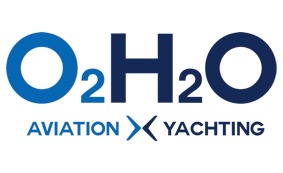 Logo with large O₂H₂O text above AVIATION X YACHTING in blue font, featuring a stylised X between the words AVIATION and YACHTING.