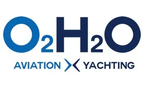 Logo with large O₂H₂O text above AVIATION X YACHTING in blue font, featuring a stylised X between the words AVIATION and YACHTING.