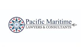 Logo for Pacific Maritime Lawyers & Consultants featuring a blue and red nautical compass symbol on the left, with the company name in blue and black text, and an arrow pointing right.