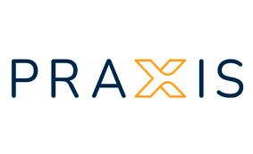 The word PRAXIS in capital letters, with the letter X stylised in orange and the rest of the letters in dark blue.