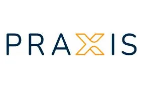 The word PRAXIS in capital letters, with the letter X stylised in orange and the rest of the letters in dark blue.