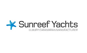 Logo for Sunreef Yachts, featuring a blue starfish graphic to the left of the company name in black text. Below, smaller grey text reads Luxury Catamaran Manufacturer.