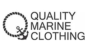 Logo for Quality Marine Clothing featuring a coiled rope forming a circle with an anchor inside, positioned to the left of the bold text QUALITY MARINE CLOTHING in all capital letters.