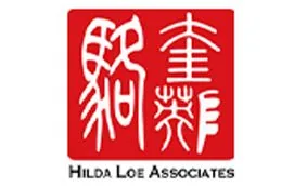 A red square with stylised white Chinese characters, above the text HILDA LOE ASSOCIATES in black capital letters.