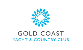 Logo for Gold Coast Yacht & Country Club featuring a circular blue floral design above the club name, with Gold Coast in black text and Yacht & Country Club in blue text below it.