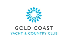 Logo for Gold Coast Yacht & Country Club featuring a circular blue floral design above the club name, with Gold Coast in black text and Yacht & Country Club in blue text below it.