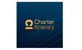 A blue square logo with a yellow icon resembling a keyhole and person, next to the words Charter Itinerary in yellow text. Subtle wavy lines appear in the background.