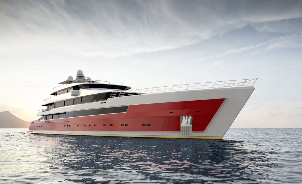 A large modern yacht with a red and white hull is anchored on calm water under a partly cloudy sky, with a distant mountain visible on the left side of the horizon.