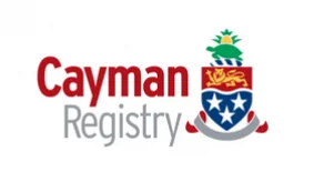 Logo of the Cayman Registry featuring the words Cayman Registry and a crest with a gold lion, three white stars on blue, and a yellow pineapple on top.