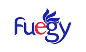 The word Fuegy in stylised blue and red letters, with blue flame-like shapes above the letter e and the e coloured red, while the rest of the text is blue.