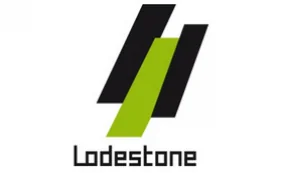A geometric logo with two black slanted rectangles and one green slanted rectangle overlapping in the centre, above the word Lodestone in a modern, stylised font.