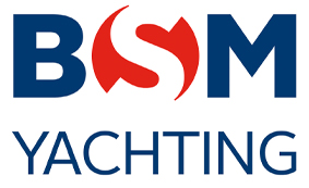 BSM Yachting logo featuring bold blue letters BSM with a red abstract design forming the letter S; the word YACHTING appears in blue capital letters below.