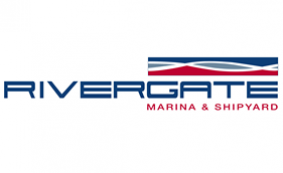Logo for Rivergate Marina & Shipyard. The word RIVERGATE appears in bold blue font, with MARINA & SHIPYARD in smaller red font below. A stylised wave graphic is above the text.