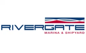 Logo for Rivergate Marina & Shipyard. The word RIVERGATE appears in bold blue font, with MARINA & SHIPYARD in smaller red font below. A stylised wave graphic is above the text.